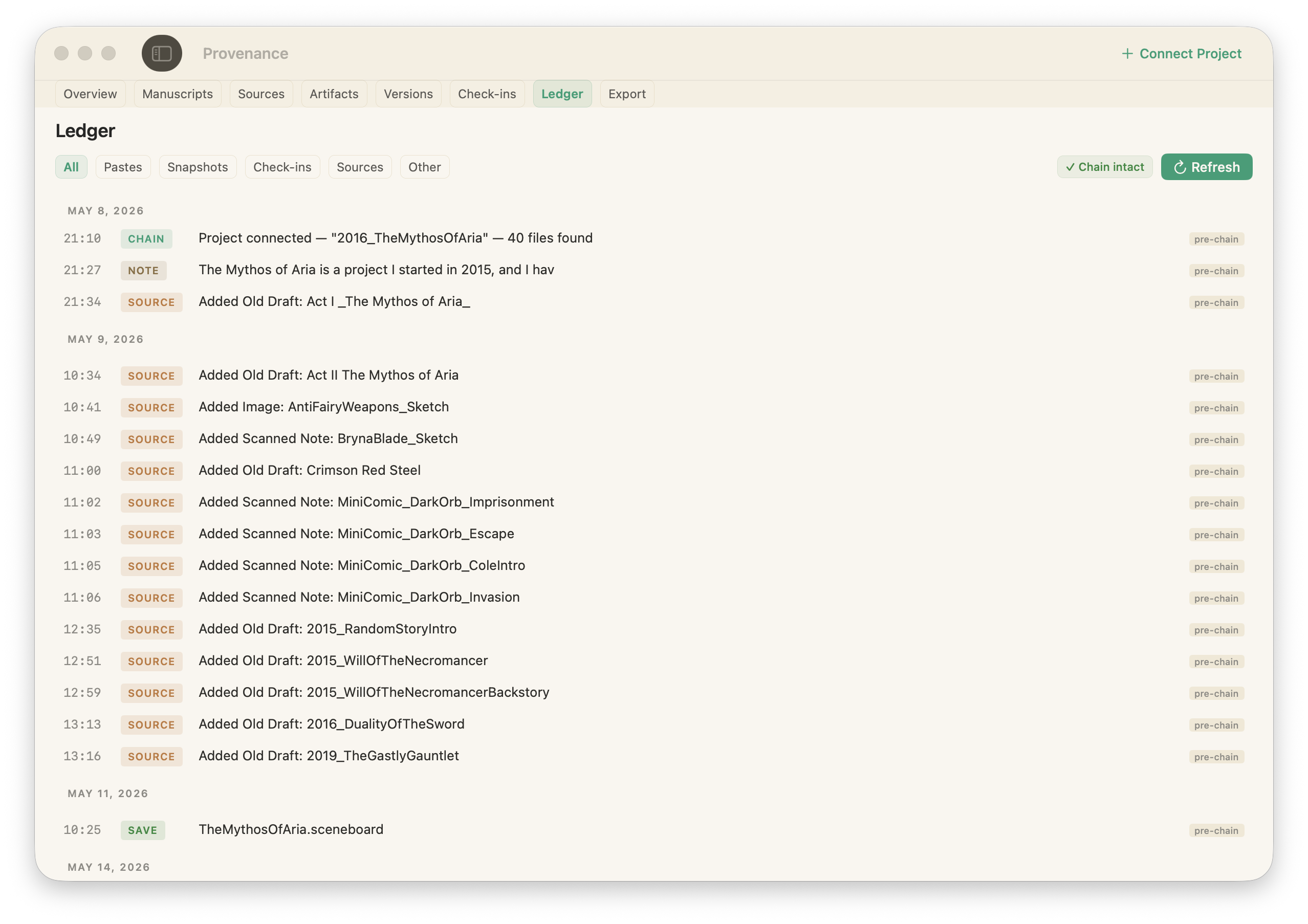 The Provenance ledger: a timestamped, hash-chained record of every source, note, and save in a project.