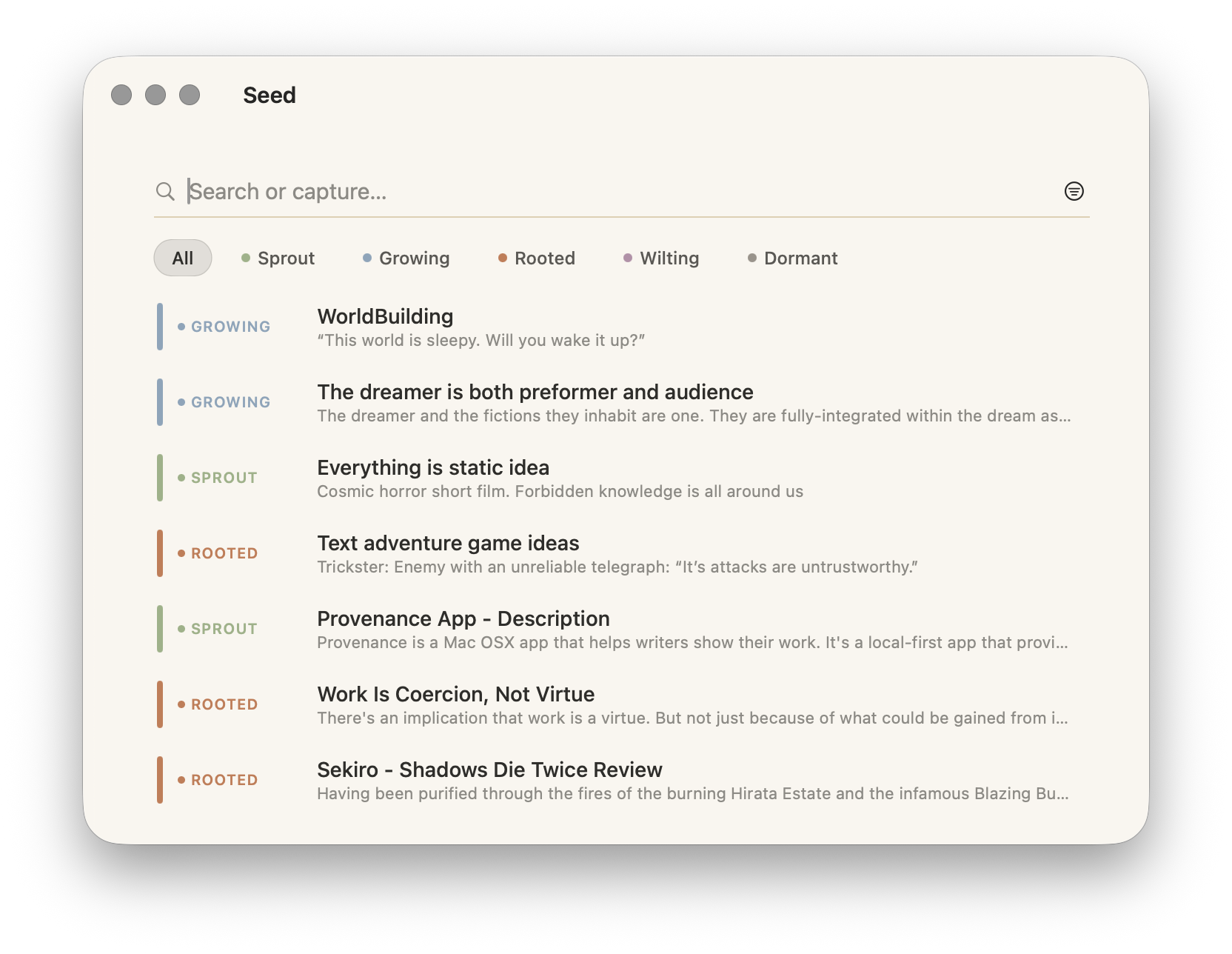 The Seed garden: notes tagged by life stage, from Sprout to Dormant, with a search-first capture bar at the top.